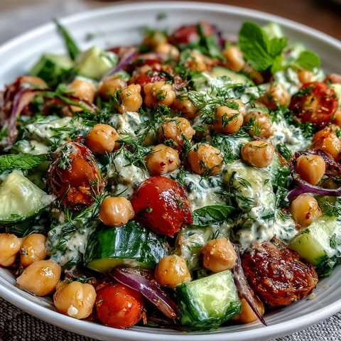 Healthy Easy Cucumber Chickpea Salad with Lemon Vinaigrette in a white bowl, showing vibrant green cucumbers, red tomatoes, and fresh herbs tossed in zesty lemon dressing.
