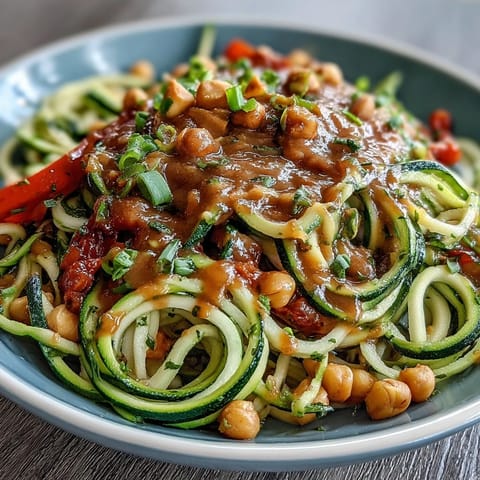 A colorful bowl of zucchini noodles stir-fried with crisp vegetables and drizzled with creamy peanut sauce. Fresh, healthy, and packed with flavor.  