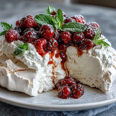A crisp meringue base topped with fluffy whipped cream and vibrant mixed berries for a stunning Mothers Day dessert.