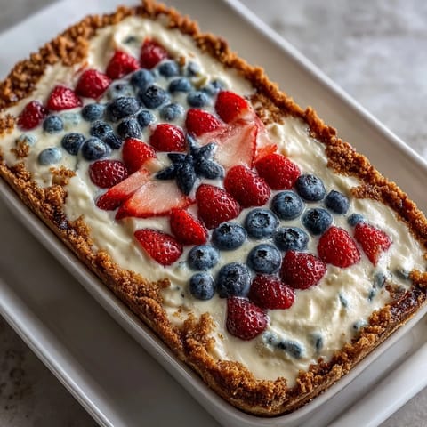 Festive Fourth of July No-Bake Cheesecake Flag Cake with fresh berries arranged in patriotic design.