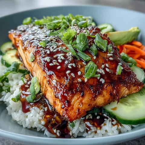 Vibrant 15-minute teriyaki salmon bowl with glazed salmon, crisp veggies, and fluffy jasmine rice for a quick, healthy dinner.