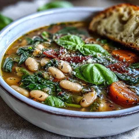 Tuscan White Bean and Spinach Soup in a slow cooker, with tender vegetables and fresh spinach in a savory broth.