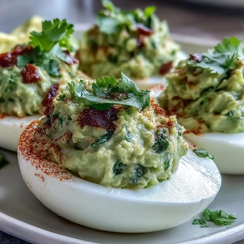 Creamy guacamole-stuffed deviled eggs with avocado filling, lime, and jalapeño, garnished with smoked paprika and fresh cilantro.