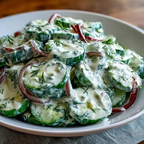 Creamy Cucumber Dill Salad with crisp cucumbers and red onion in a tangy dill dressing, perfect for summer picnics and barbecues.
