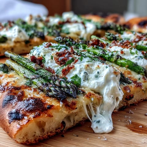 Roasted asparagus flatbread topped with creamy burrata and bright lemon zest.