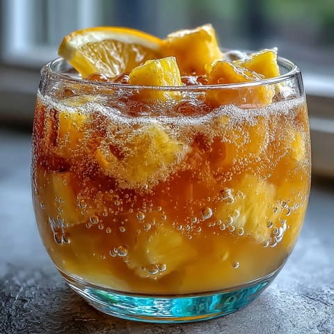 Vibrant Grad Party Punch: Mango Pineapple Sparkling Lemonade with fresh fruit.