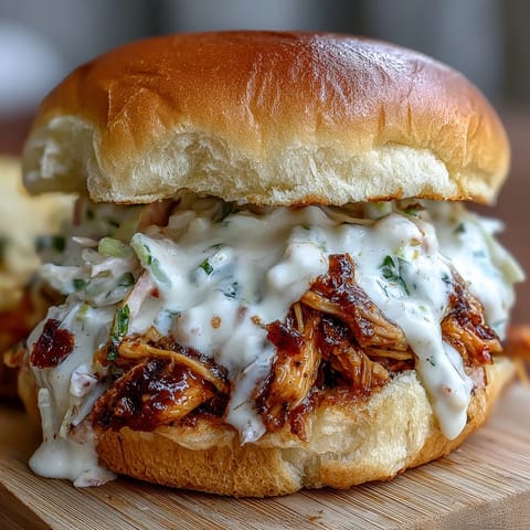 Tangy Alabama white BBQ sauce generously drizzled over tender smoked pulled chicken.