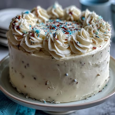 Bright Class of 2026 Confetti Cake, draped in champagne frosting and festive sprinkles.
