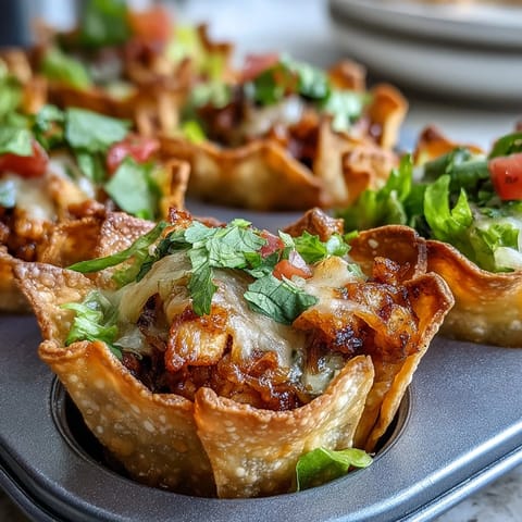 Crispy Mini Taco Cups in Wonton Wrappers topped with melted cheese and fixings.