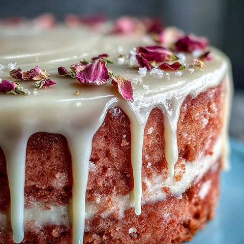 Elegant pink Bridal Shower Rosé Velvet Cake with shimmering gold drip.