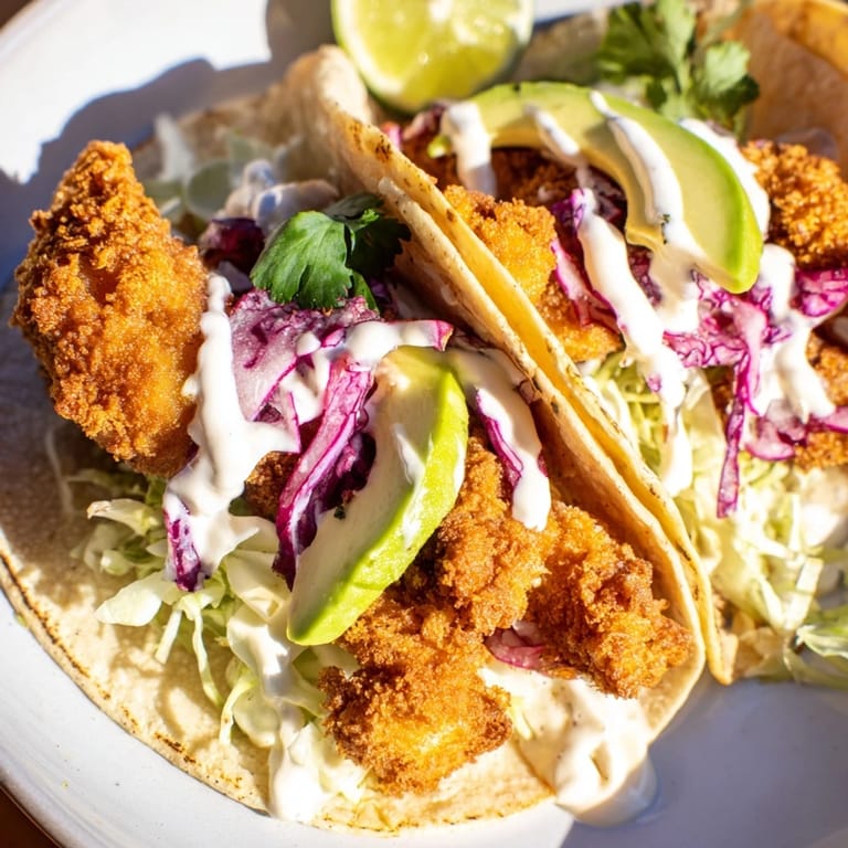 Assembled Baja Fish Tacos filled with shredded cabbage, avocado slices, and cilantro, ready to serve.