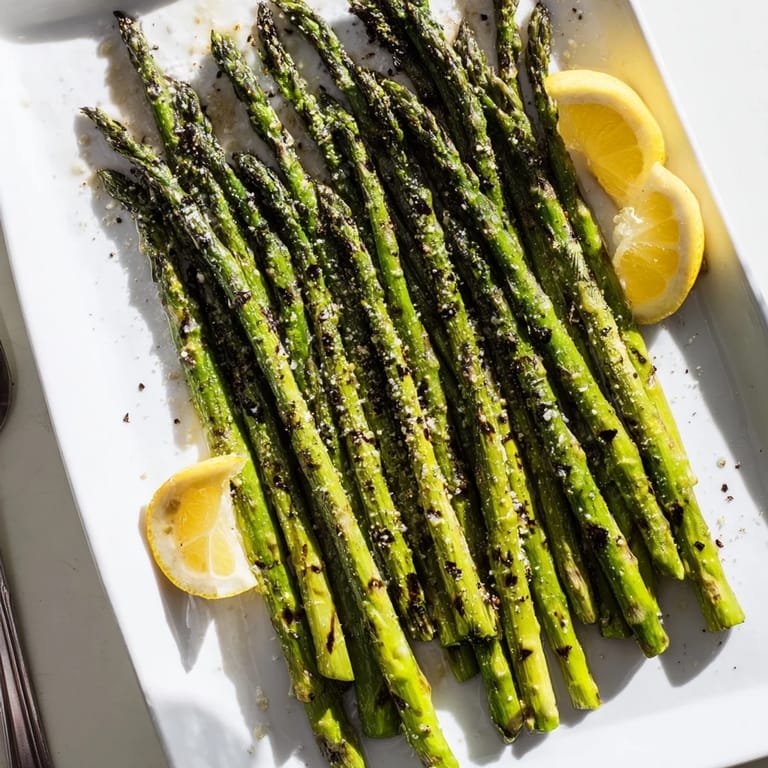 Tender Grilled Asparagus drizzled with lemon juice, garnished with flaky sea salt on a white serving platter.