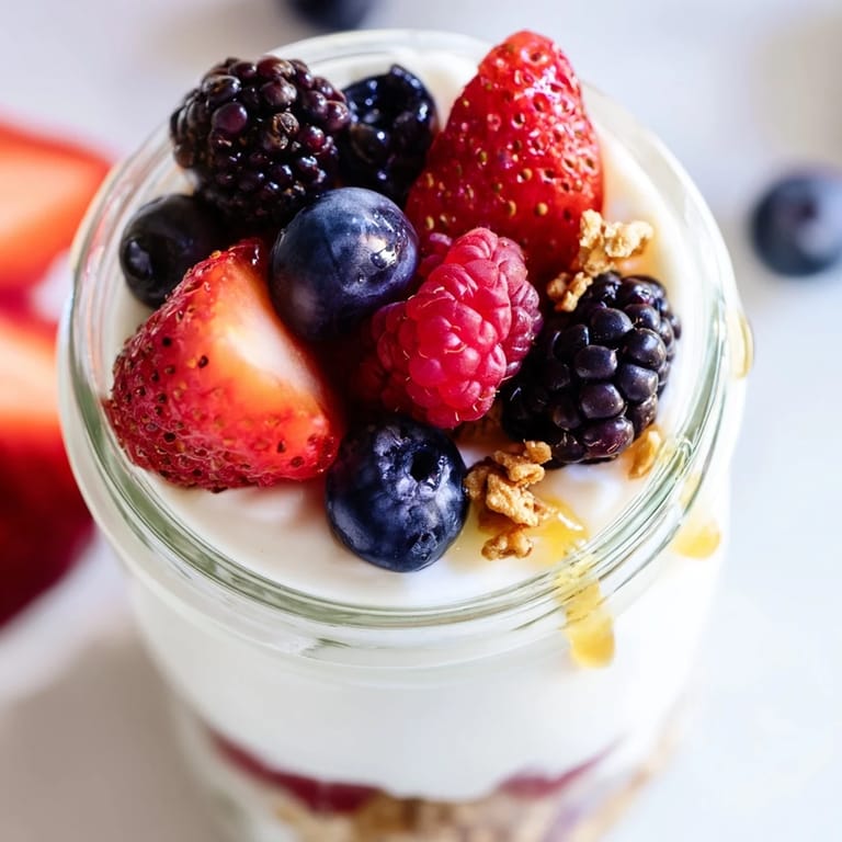 Homemade Berry Parfait stacked with Greek yogurt and granola, served as a light dessert.