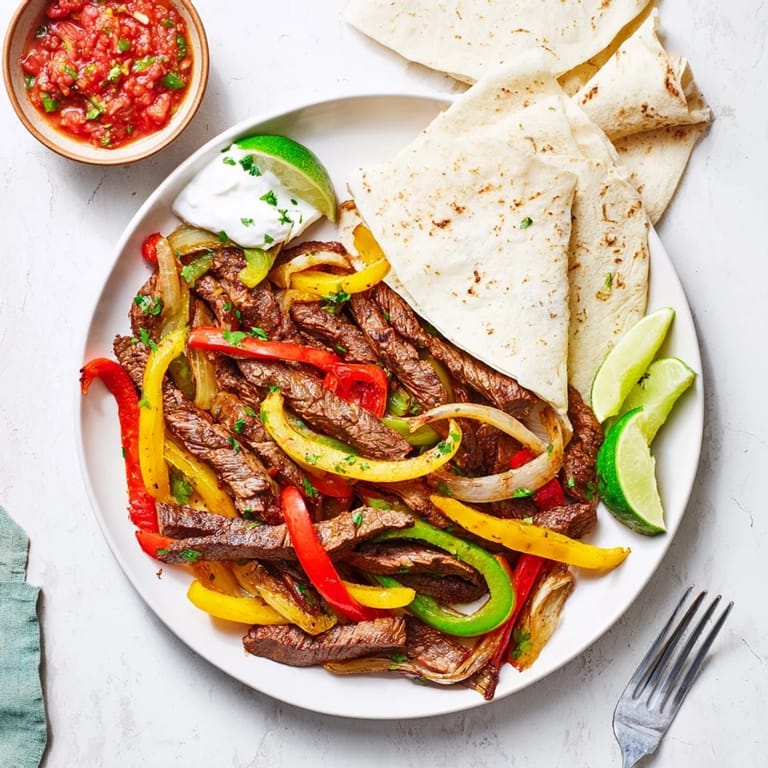 Juicy, perfectly seared Steak Fajitas topped with fresh cilantro and lime wedges on a rustic plate.