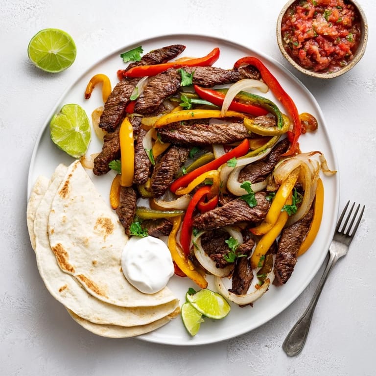 Colorful skillet Steak Fajitas with tender beef, sautéed bell peppers, and onions ready for serving.