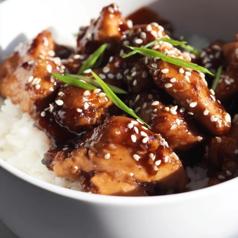 Ready-to-serve homemade teriyaki chicken bowl with sautéed peppers and carrots, perfect for a quick weeknight dinner.