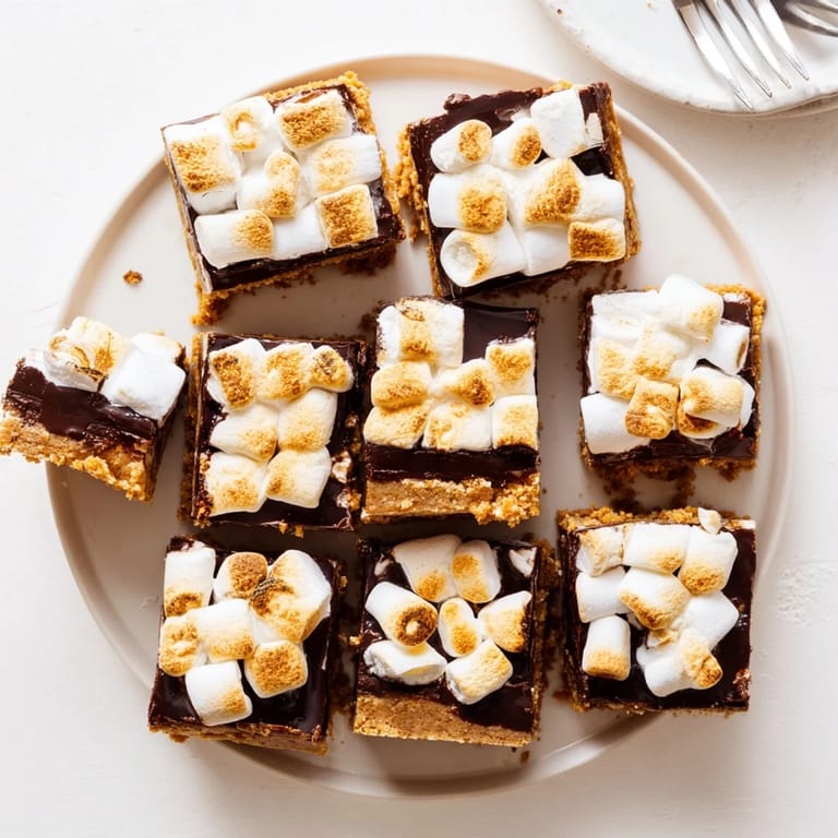 Graham cracker crust base holding rich chocolate chips and golden, gooey marshmallows.