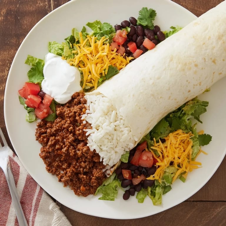A fully loaded Beef Burrito garnished with fresh lettuce, diced tomatoes, and sour cream.