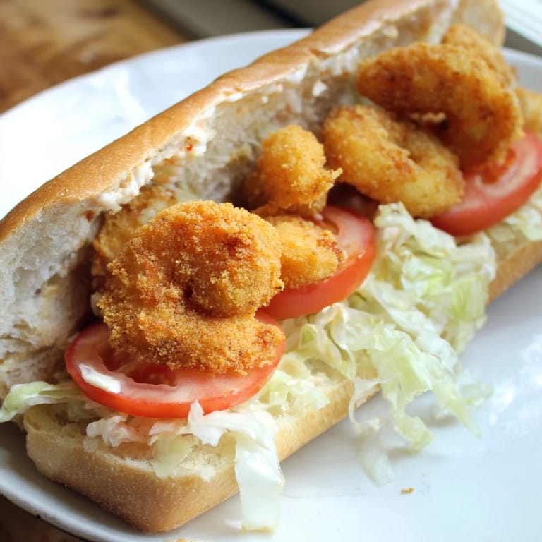 Classic Louisiana po boy filled with juicy fried shrimp, crisp lettuce, and fresh tomato, served with lemon.