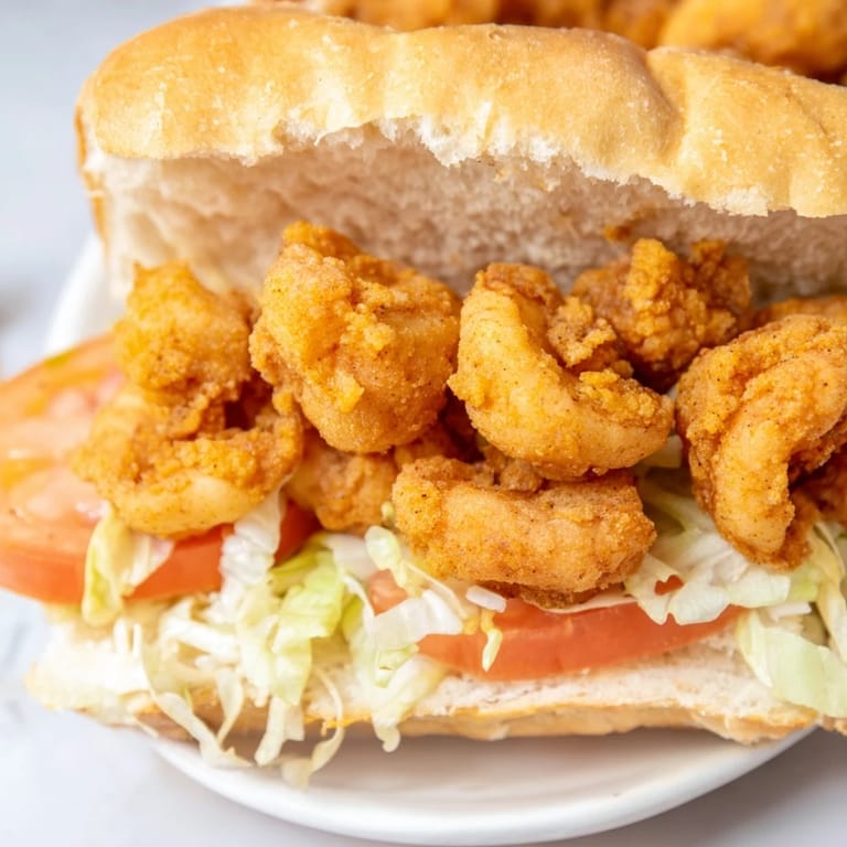 Crispy Cajun shrimp po boy sandwich garnished with lemon wedges and pickles on a rustic wooden table.