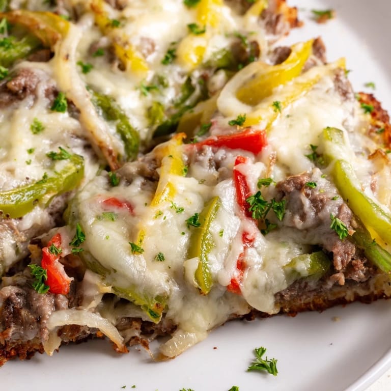 Close-up view of Philly Cheesesteak Pizza with gooey mozzarella and provolone, peppers, onions, and juicy ribeye steak on crust.