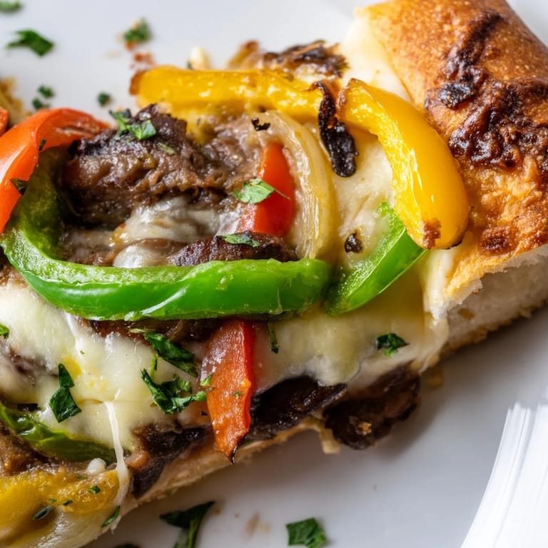 Slice of Philly Cheesesteak Pizza on a white plate, showcasing bubbling cheese and savory steak topping a crispy crust.