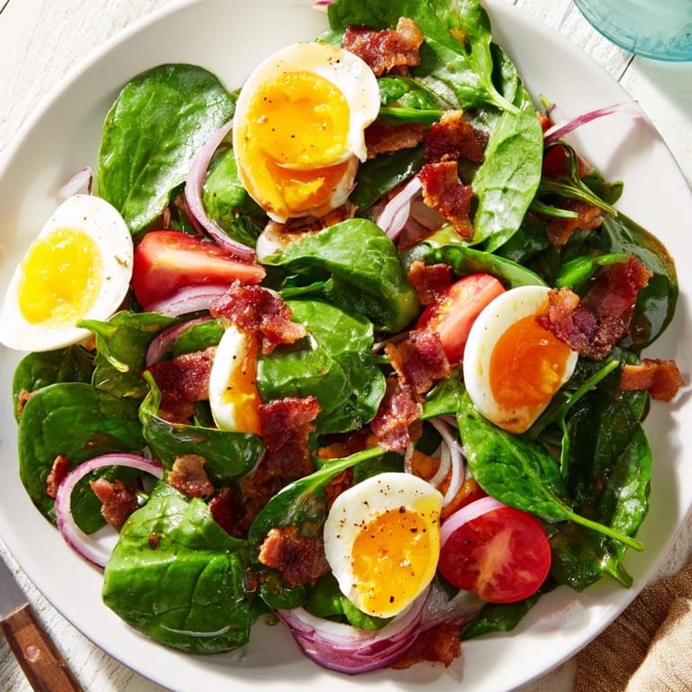 Spinach Salad with Bacon presented in a rustic ceramic bowl, with halved cherry tomatoes, sliced red onion, and golden egg yolks adding color and flavor.