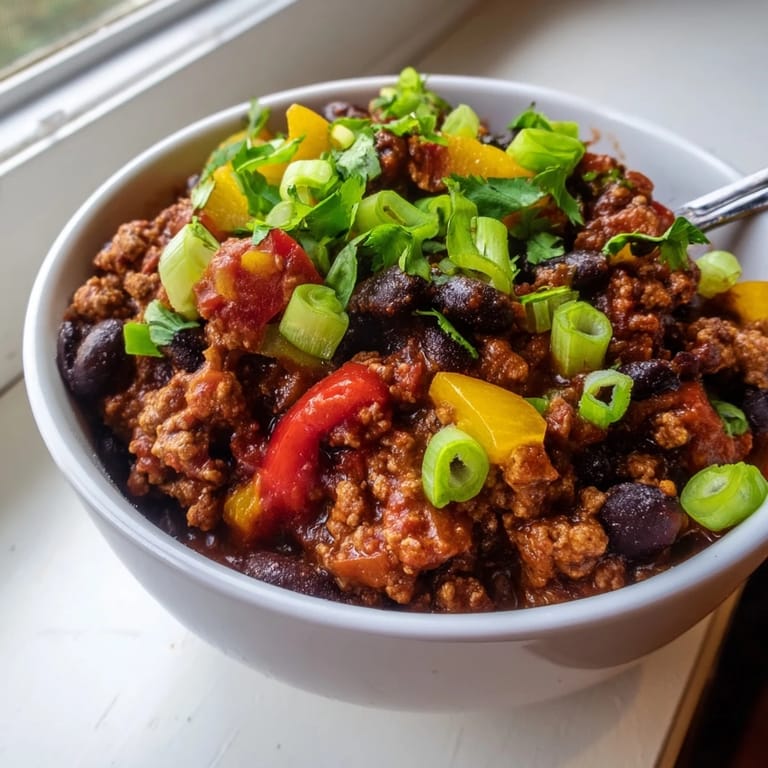 A bowl of Turkey Chili topped with shredded cheese, sour cream, and sliced green onions, served alongside warm cornbread muffins.