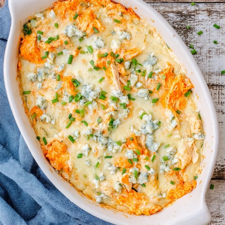 Sizzling from the oven, this Buffalo Chicken Dip features a rich orange hue and melted mozzarella across the surface.