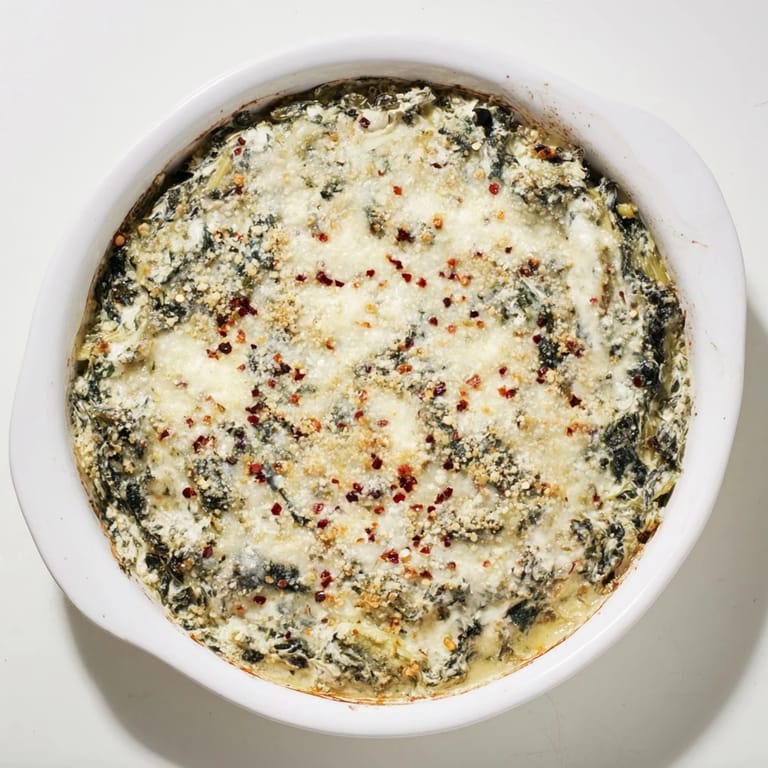 Creamy Spinach Artichoke Dip garnished with fresh spinach leaves, perfect for a game day appetizer spread.