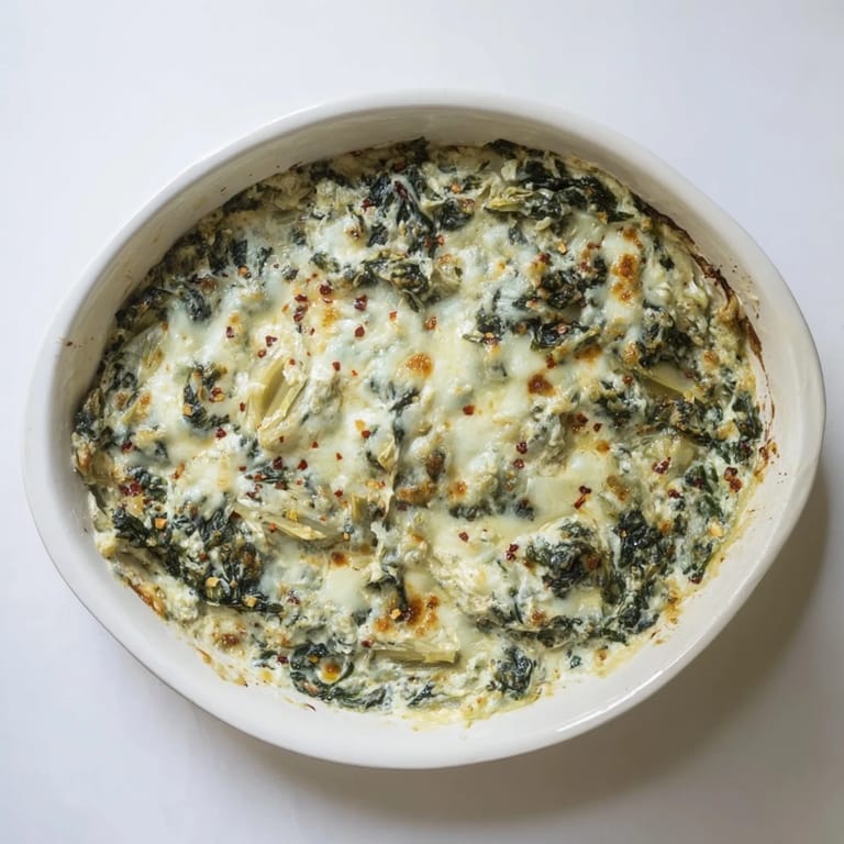 Freshly baked Spinach Artichoke Dip with a golden crust, paired with toasted bread slices on a wooden board.