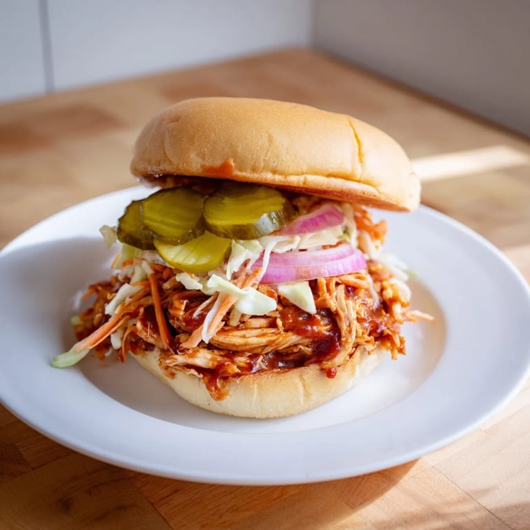 Easy BBQ Chicken Sandwich topped with pickles and red onions served beside crispy fries on a checkered napkin.