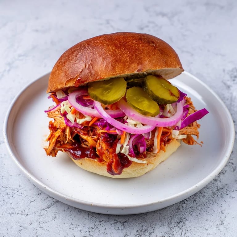 Pile of shredded BBQ chicken sandwich overflowing with smoky sauce and tangy coleslaw on a soft bun.