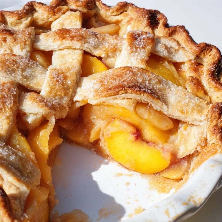 Homemade Peach Pie cooling on a wire rack with coarse sugar sprinkled on top and cinnamon dusting.