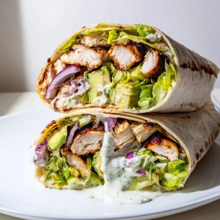 Close-up of a halved smoky chipotle chicken wrap revealing juicy chicken and vibrant fresh vegetables inside.