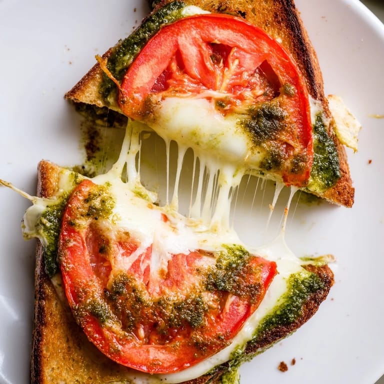 Close-up of a warm Caprese Pesto Grilled Cheese with crunchy crust and melted cheese pull.