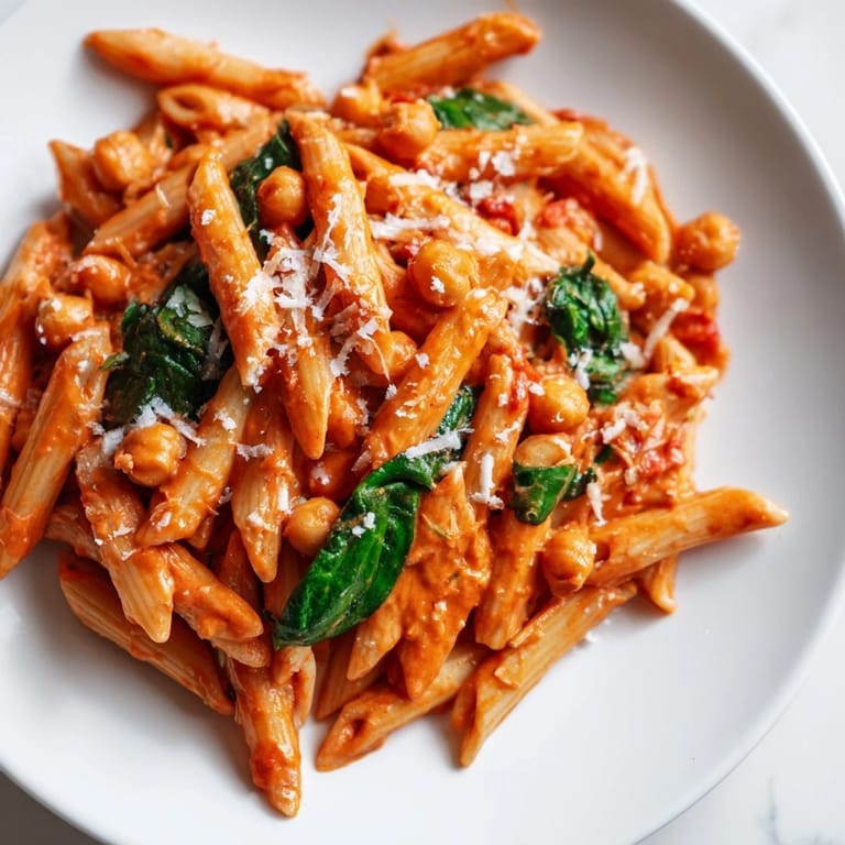 A warm serving of Creamy Tuscan Chickpea Pasta, garnished with fresh basil and Parmesan, alongside crusty bread for a comforting Italian-inspired meal.
