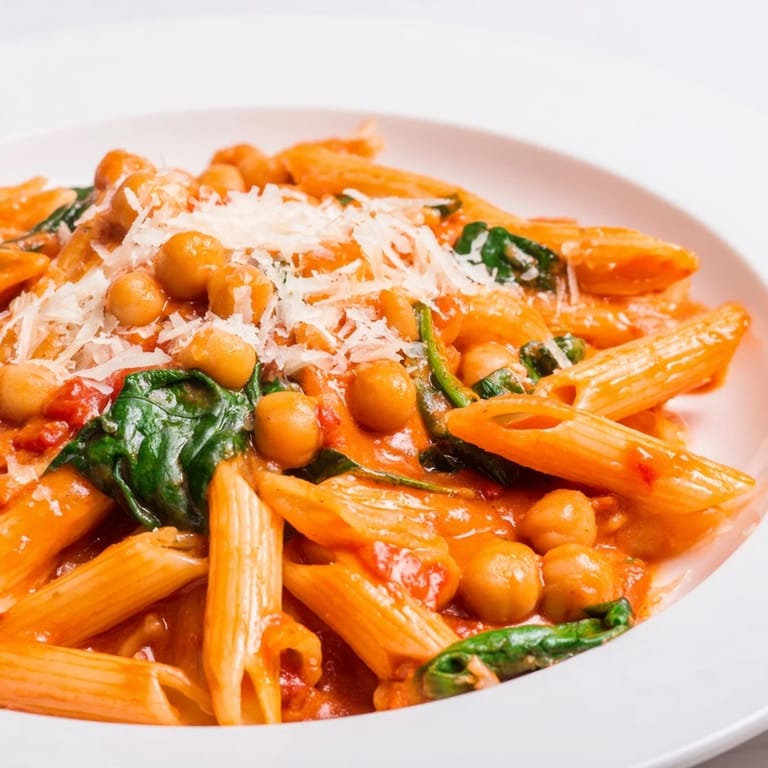 Steaming Creamy Tuscan Chickpea Pasta in a skillet, featuring al dente pasta, chickpeas, and spinach in a vibrant, creamy tomato sauce.