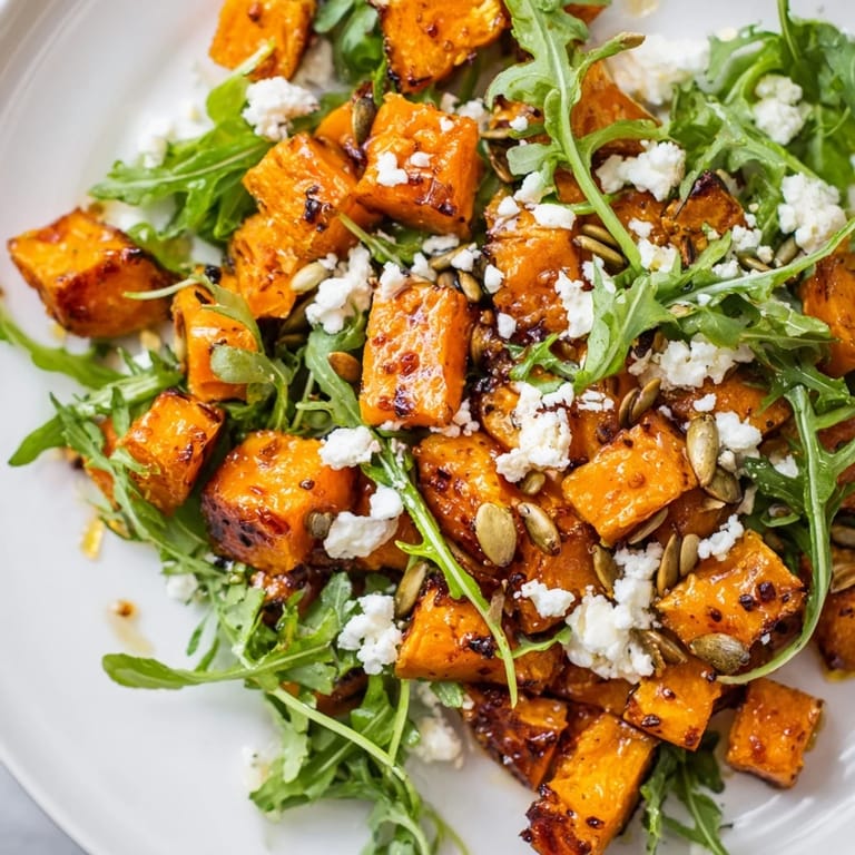 Colorful vegetarian roasted sweet potato salad featuring caramelized sweet potatoes, creamy feta, and pumpkin seeds for crunch.
