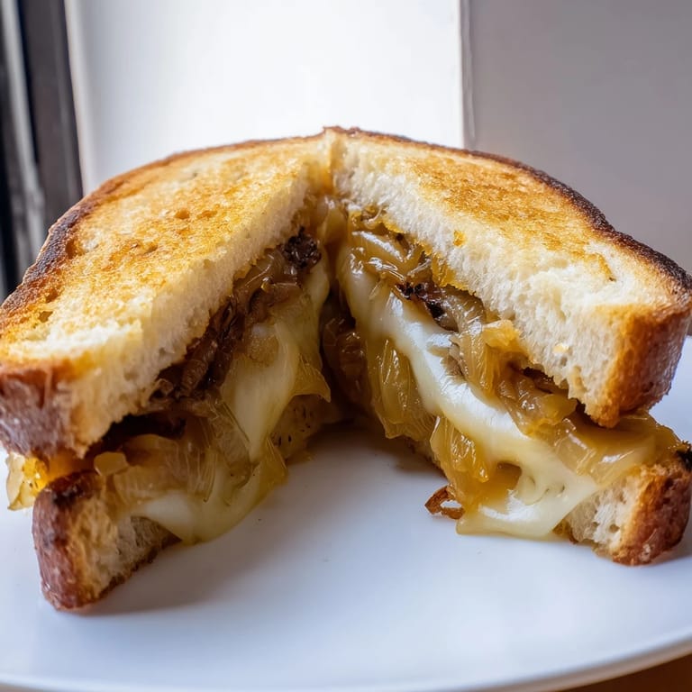 A close-up of a homemade Caramelized Onion Grilled Cheese, with crispy, golden crust and gooey cheese pulling away.