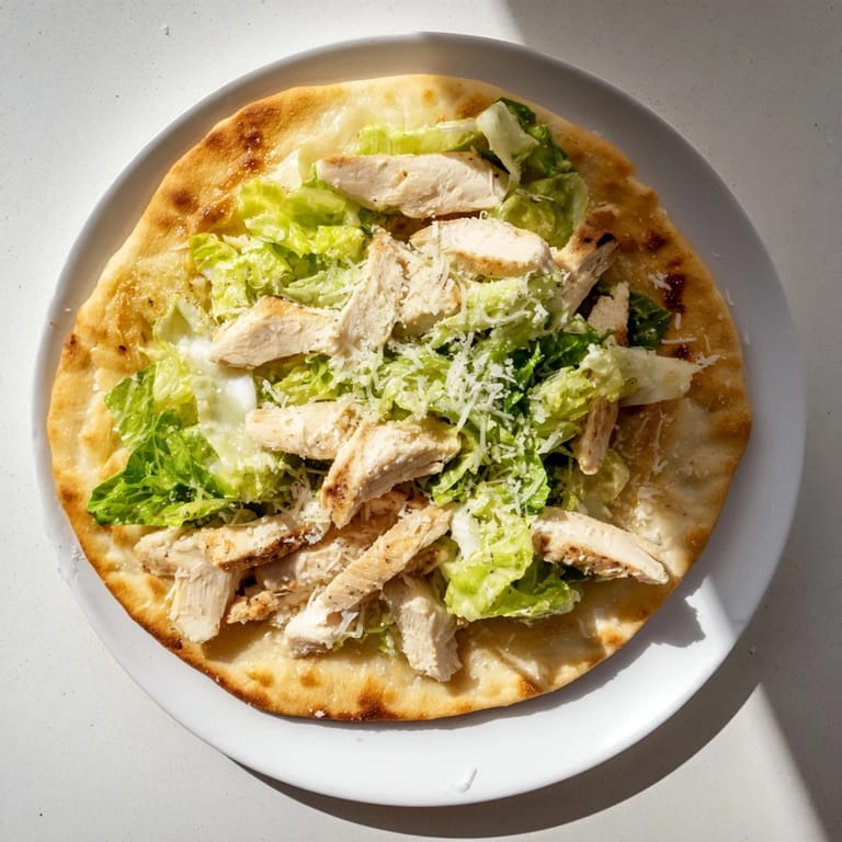 Warm flatbread featuring chopped romaine lettuce tossed in tangy Caesar dressing and shredded parmesan cheese.
