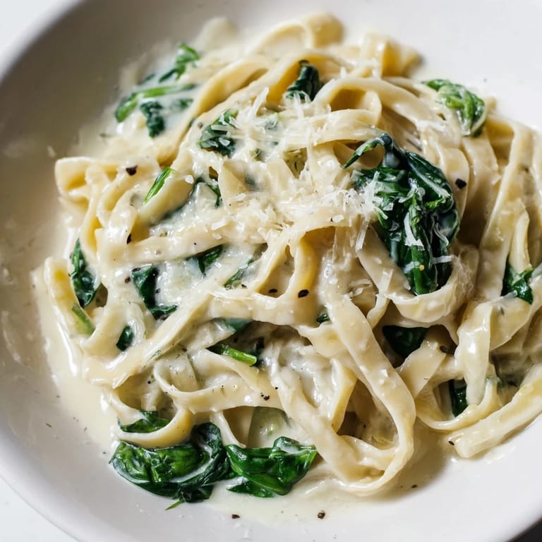 Close-up of a fork twirling creamy fettuccine with tender spinach leaves, highlighting the luxurious texture of the Creamy Garlic Spinach Pasta sauce.