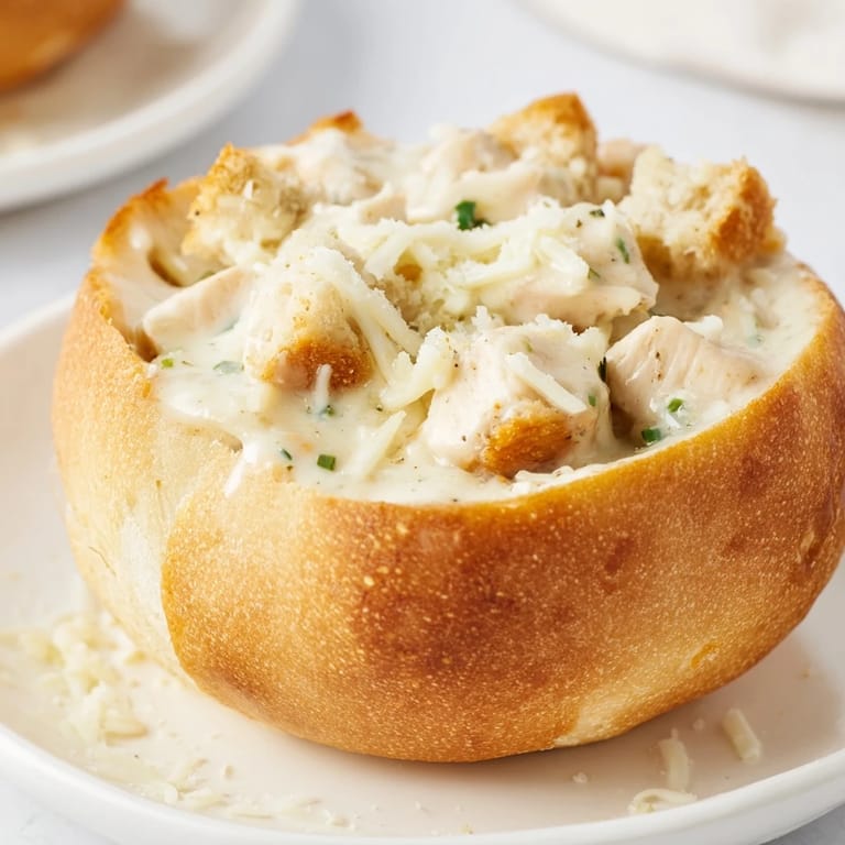 Savory Chicken Alfredo bubbling inside a hollowed crusty bread bowl, perfect for a cozy, hearty dinner.