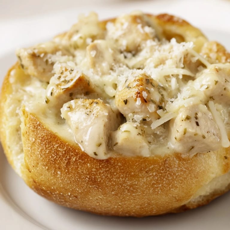 Freshly baked Chicken Alfredo Bread Bowl garnished with parsley, ready to serve alongside a crisp garden salad.