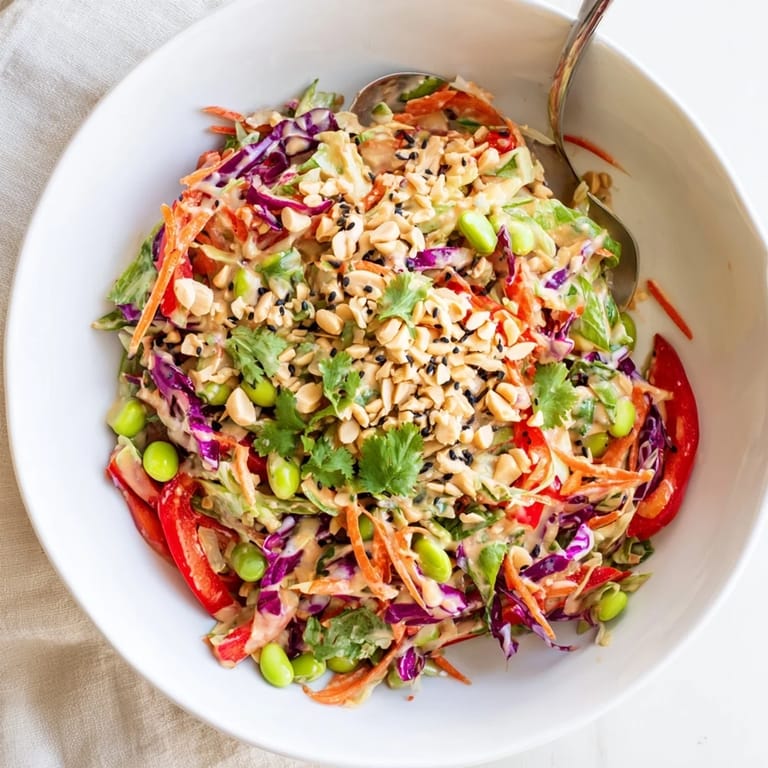 Easy vegan Crunchy Thai Peanut Salad featuring crisp vegetables and edamame, drizzled with tangy peanut dressing and served as a light meal.