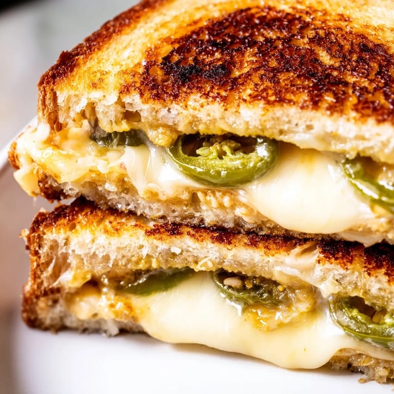 Jalapeño Havarti Grilled Cheese stacked high, showing vibrant green jalapeño slices peeking out from between melted Havarti cheese.