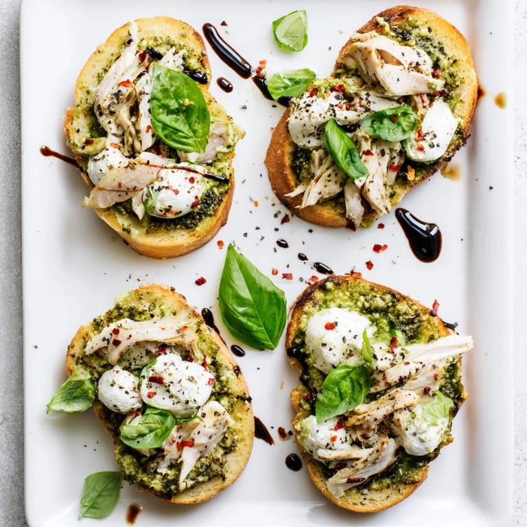 A rustic Pesto Chicken Burrata Toast features crunchy bread, juicy chicken slices, and melted burrata drizzled with olive oil.