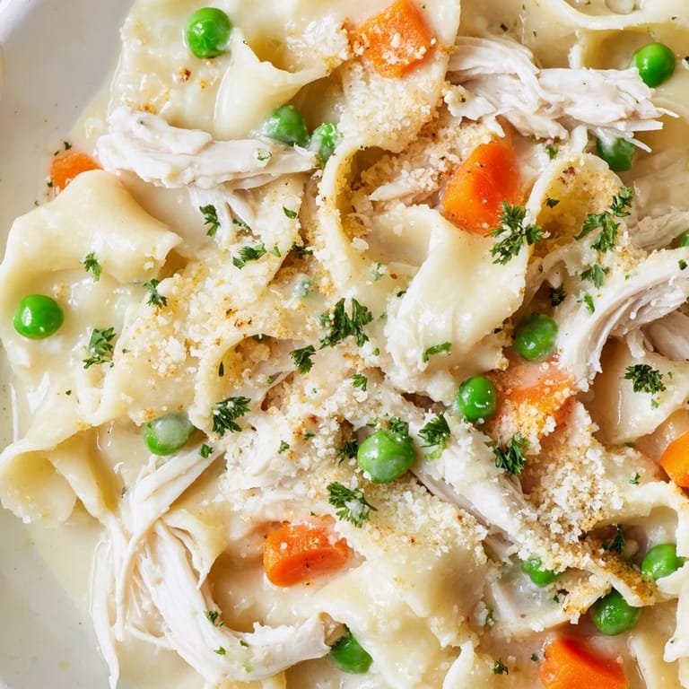 A close-up of Spring Chicken Noodle Skillet shows golden noodles, bright green peas, and shredded chicken coated in a light, velvety Parmesan sauce.  