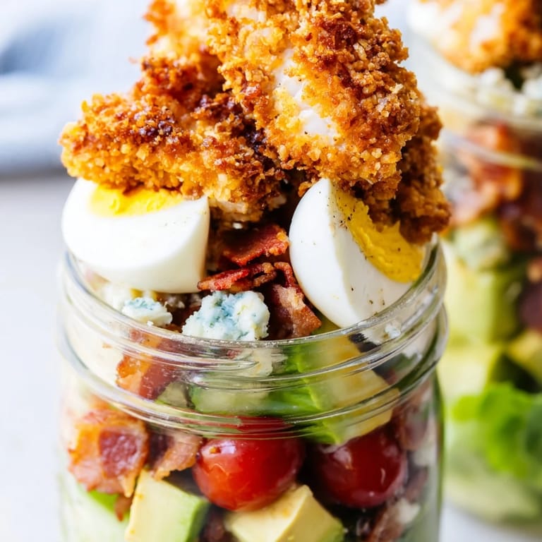 Enjoy a vibrant Crispy Chicken Cobb Jar Salad, packed with hard-boiled egg, avocado, and tangy blue cheese for a delicious on-the-go lunch.