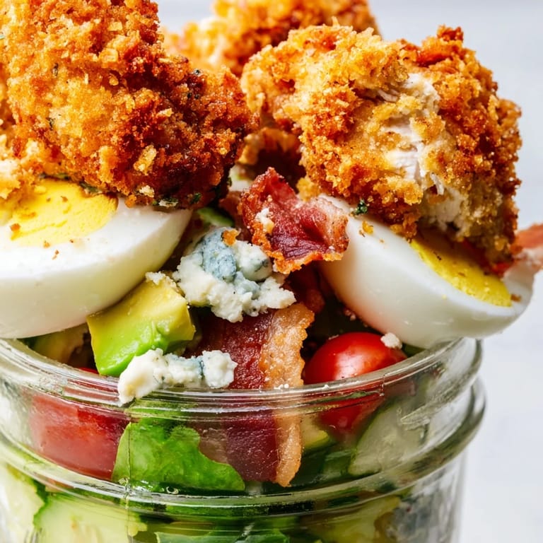 The Crispy Chicken Cobb Jar Salad features colorful romaine, tomatoes, and cucumber, all beautifully layered and ready for a quick, fresh meal.